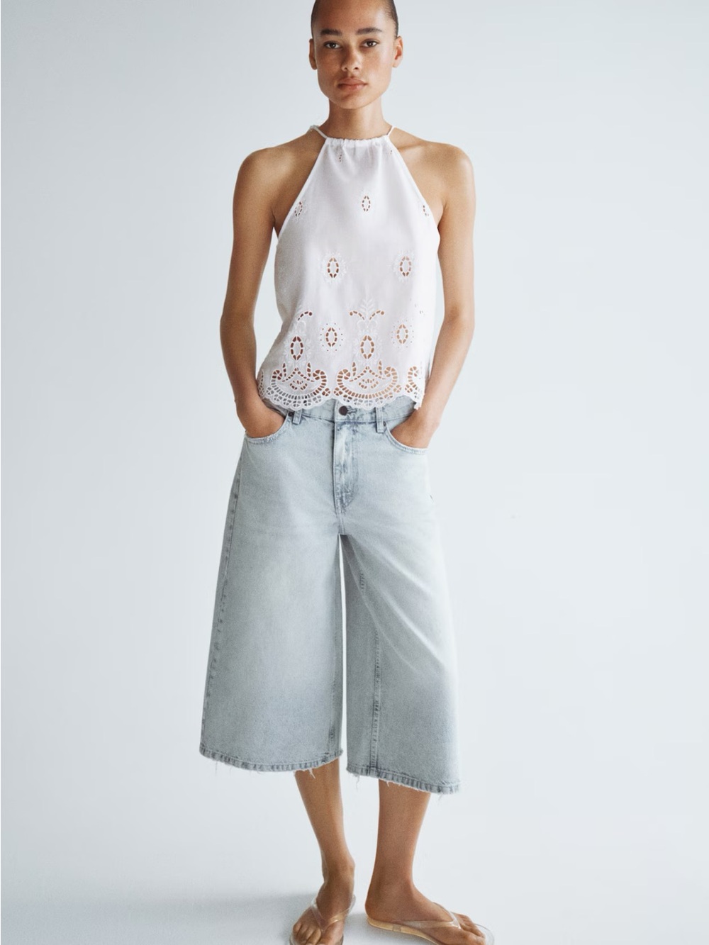 NWT H&M Eyelet Embroidered Top With Tie Shoulder Straps (white) Sz L 1345491001